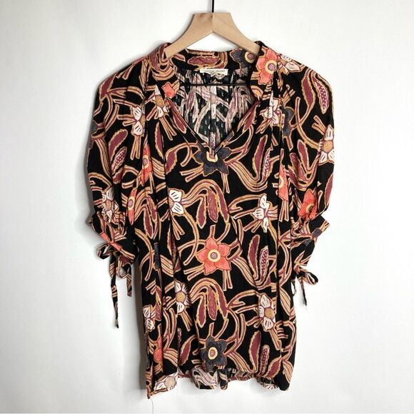 Christian Siriano Abstract Floral Black Blouse Size Small Short Sleeve - Picture 1 of 8